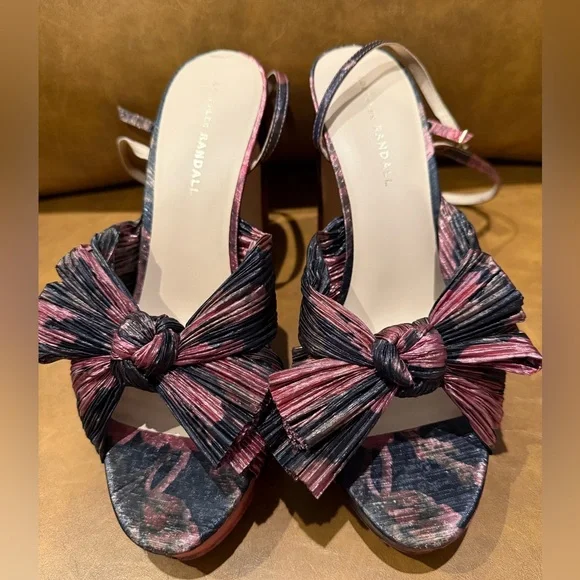 Loeffler Randall ✿ Natalia Pleated Knot Platform Heel Sandal ✿ Metal Floral 9.5